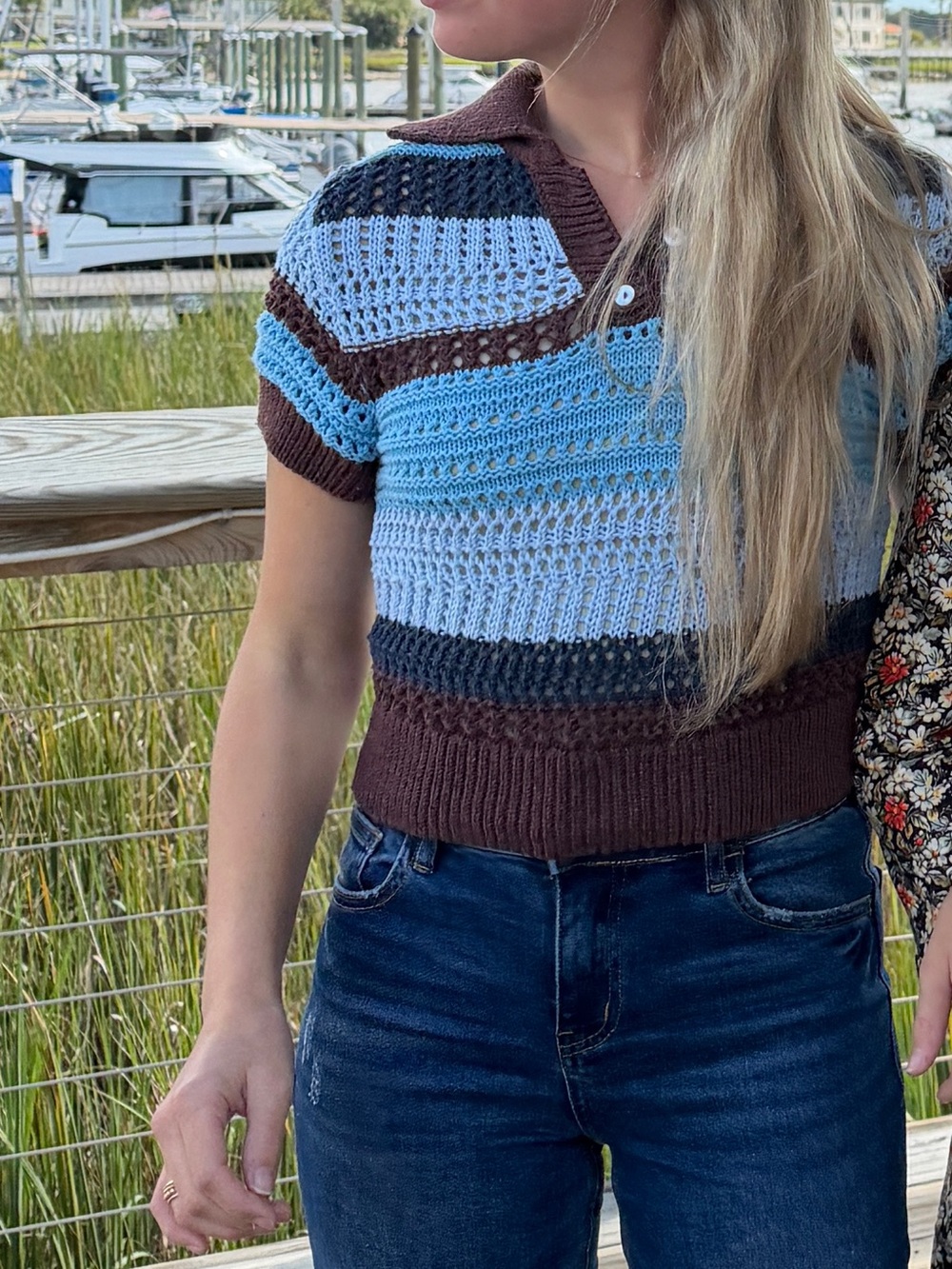 ZARA Brown & Light Blue Knit Polo Top